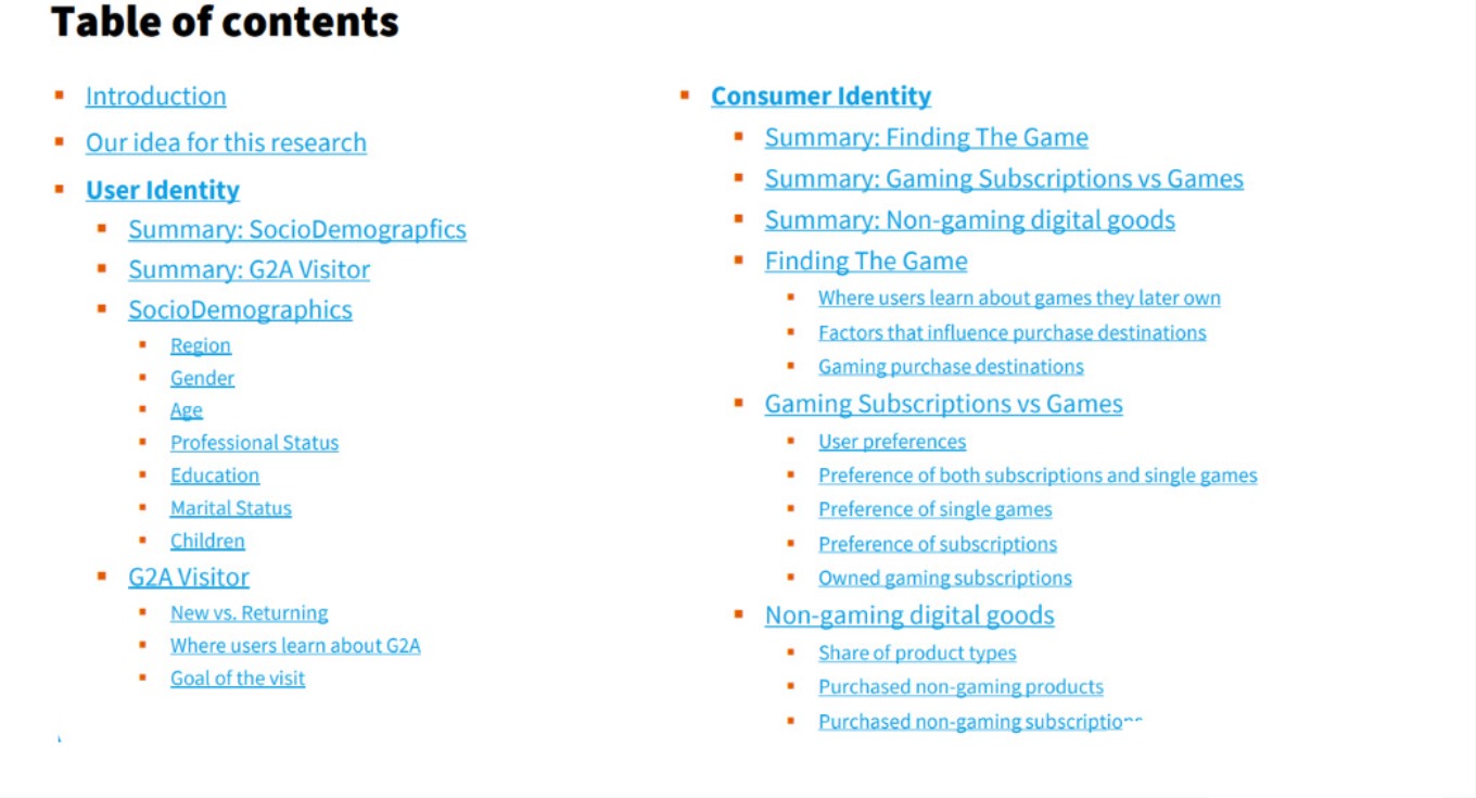 Report table of contents – part 1