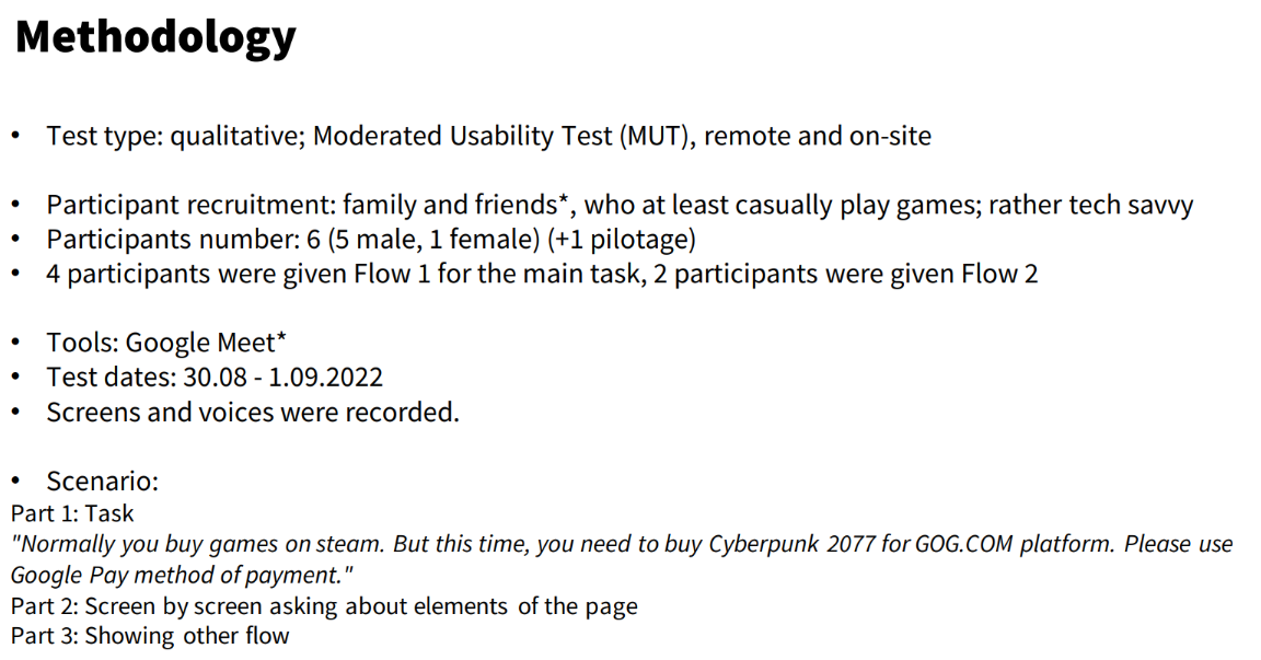Methodology details for moderated usability test